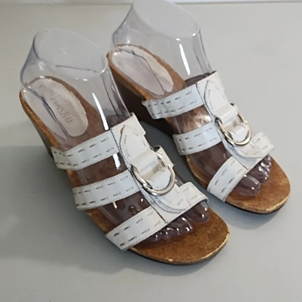 White Wedge Sandals with Leather Straps Stitching Cork Soles